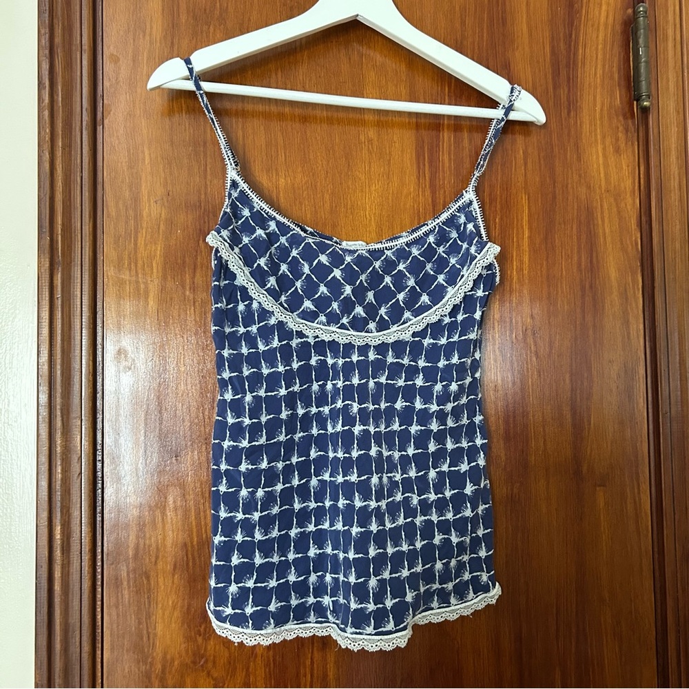 Poupette St. Barth Tank Top V-Neck Blue White Pattern Beach Sleeveless Ruffle